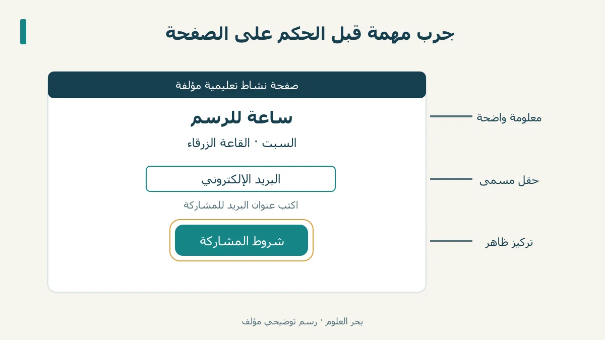 واجهة نشاط مؤلفة تظهر رابطًا واضحًا وحقلًا مسمى وتركيزًا مرئيًا ومعلومات موعد