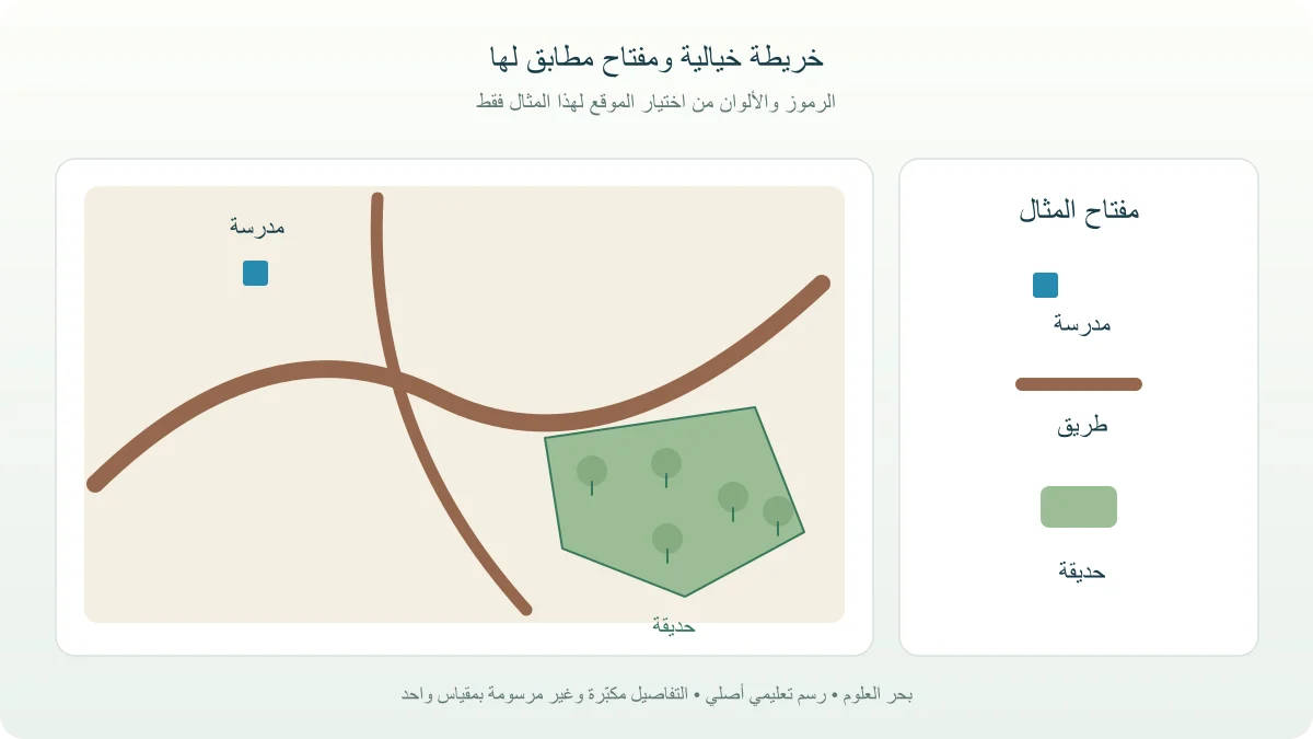 خريطة تعليمية خيالية بها مربع مدرسة وخط طريق ومساحة حديقة ومفتاح مطابق لهذه الرموز