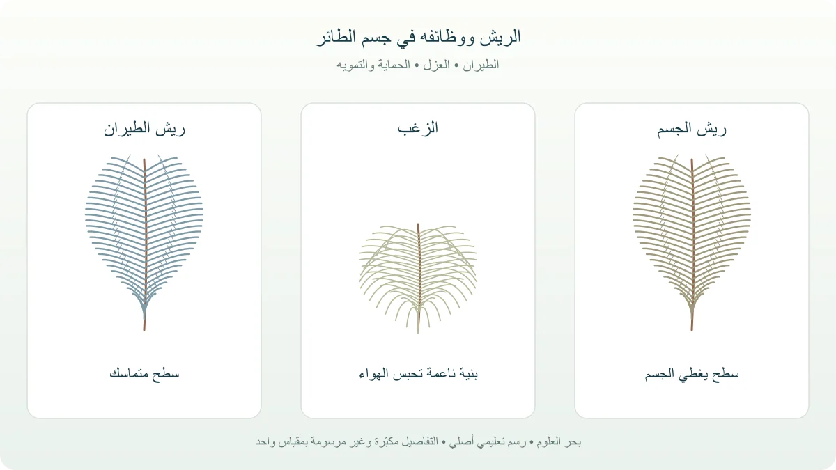 ريشة طائر مفصلة تربط ريش الطيران والزغب وريش الجسم بوظائف الطيران والعزل والحماية