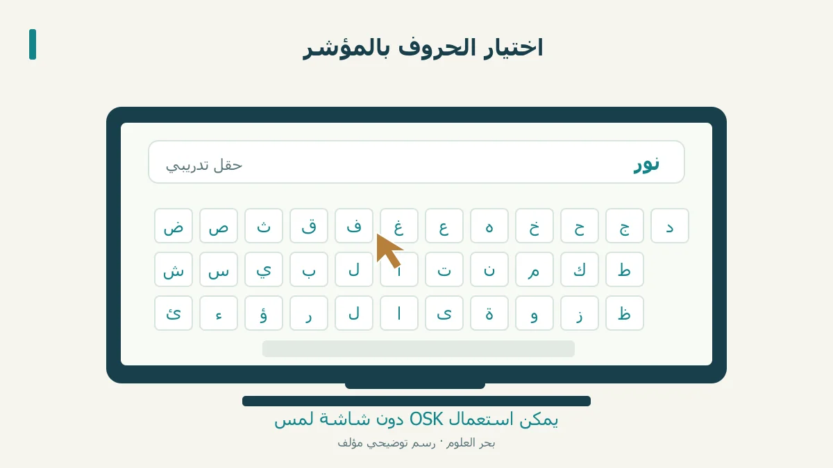 لوحة مفاتيح توضيحية على شاشة وحقل كتابة ومؤشر فأرة