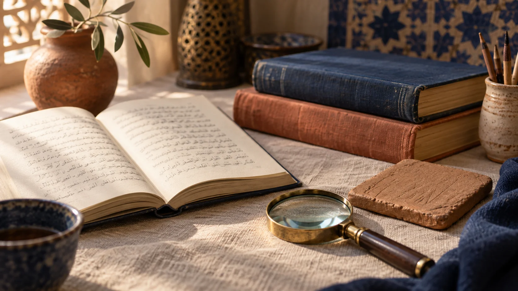 تصور فني لكتب ودراسة لغوية على طاولة