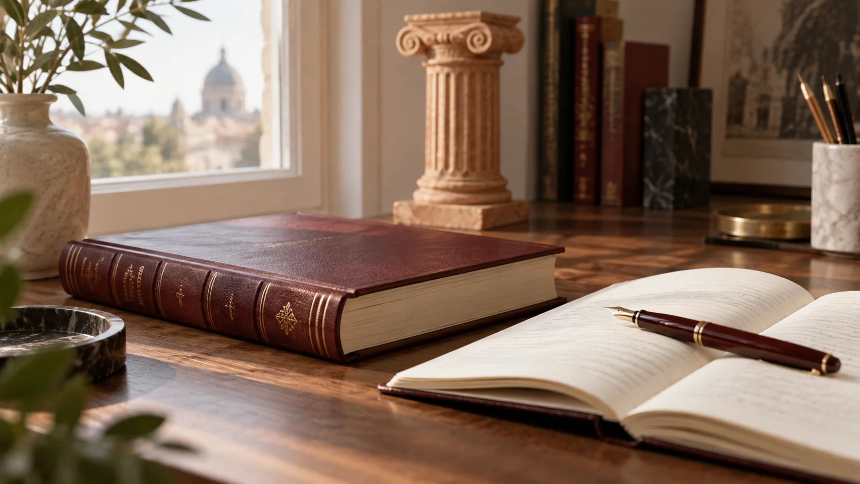 كتاب وقلم ومواد دراسة على مكتب مضاء