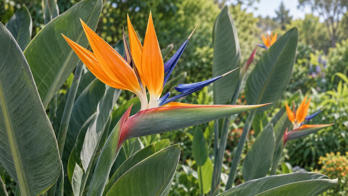 تصوّر واقعي لأزهار Strelitzia reginae البرتقالية والزرقاء وغلافها القاربي وسط أوراق خضراء