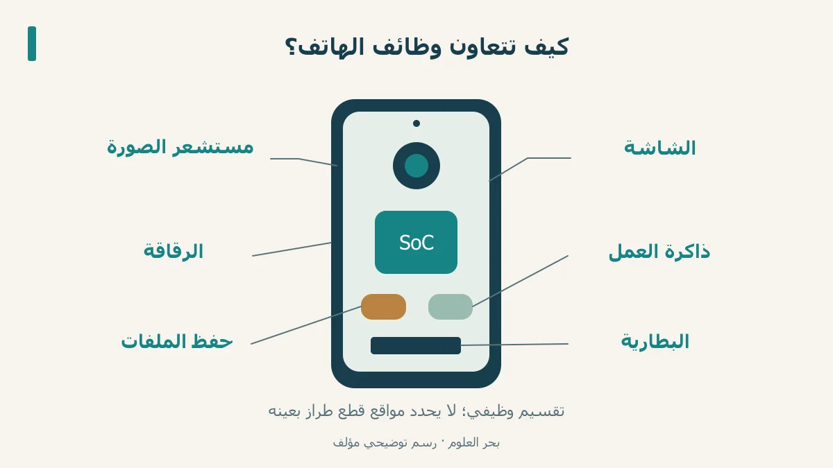 رسم وظيفي للهاتف يميز الرقاقة والذاكرة والكاميرا والشاشة والبطارية