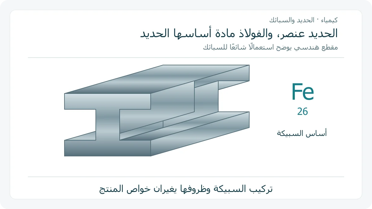 رسم هندسي أصلي لعارضة فولاذ ذات مقطع I بسطوح معدنية مظللة، وتوضيح أن الفولاذ سبيكة أساسها عنصر الحديد Fe