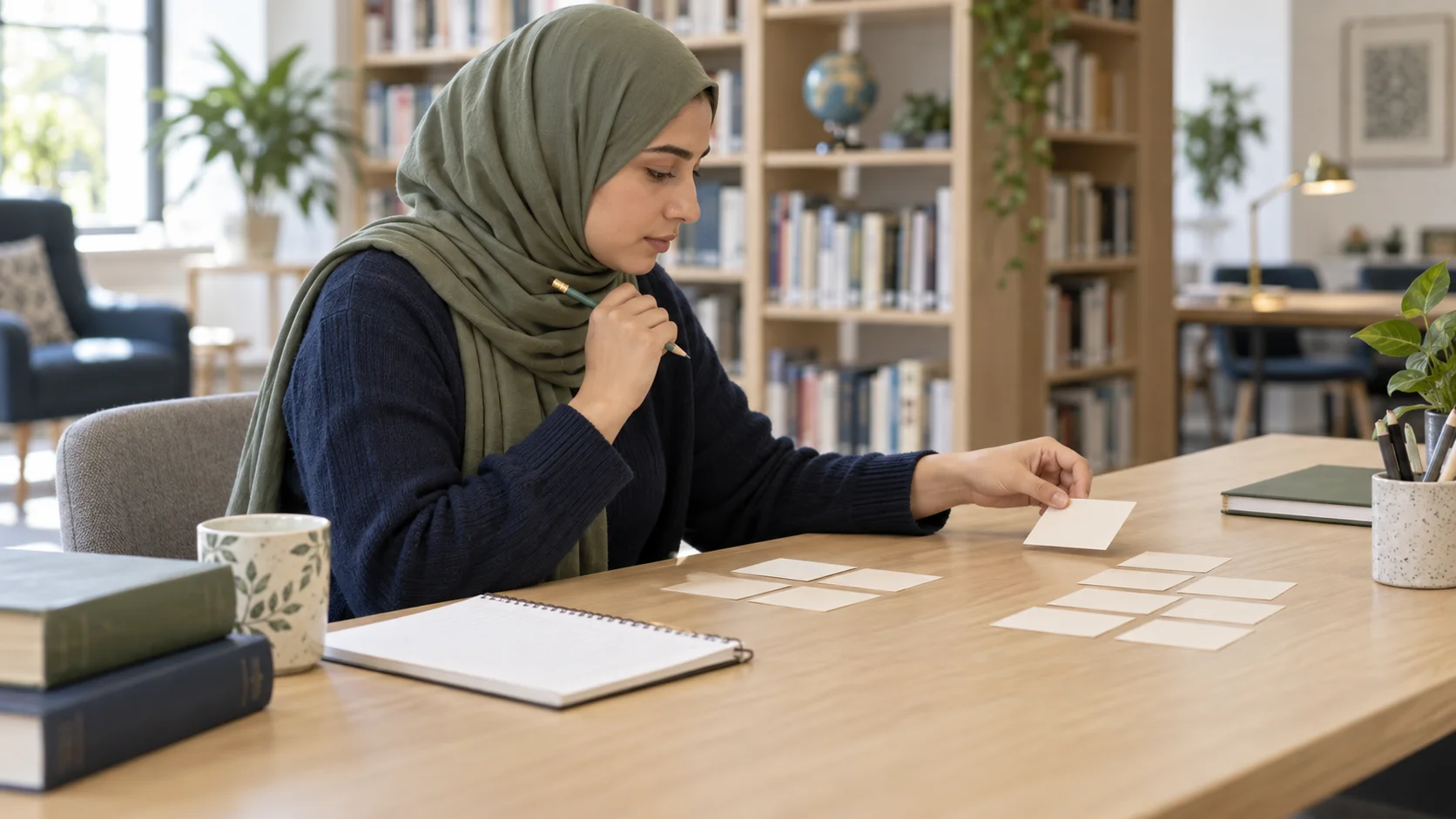 متعلّمة ترتب بطاقات في مساحة دراسة معاصرة