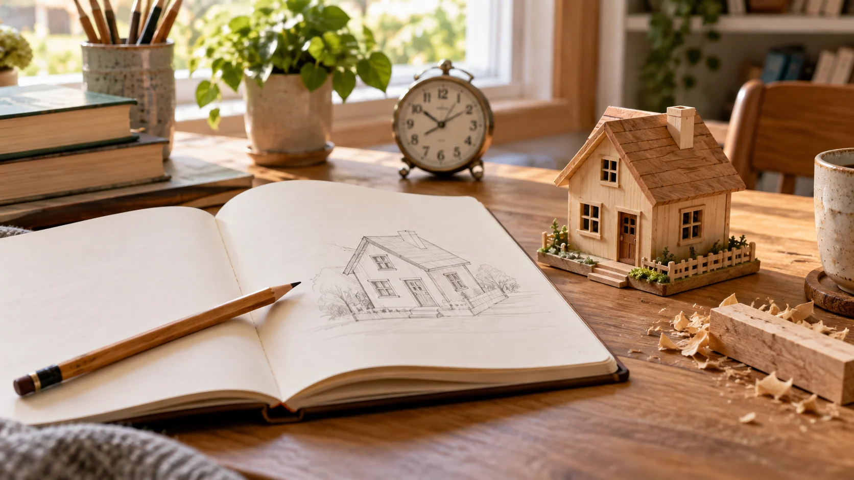 مجسم بيت خشبي مكتمل بجوار رسم ودفتر على مكتب دراسة