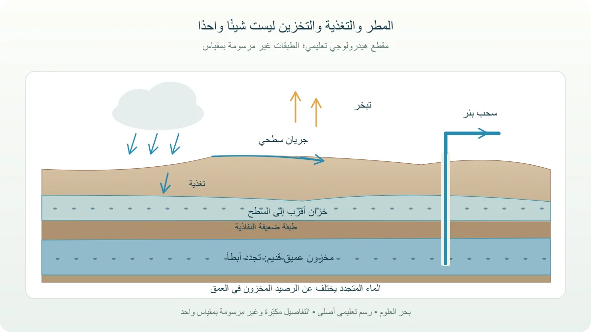 مقطع هيدرولوجي يبين المطر والجريان والتبخر وتغذية خزان جوفي وضخ الماء من العمق
