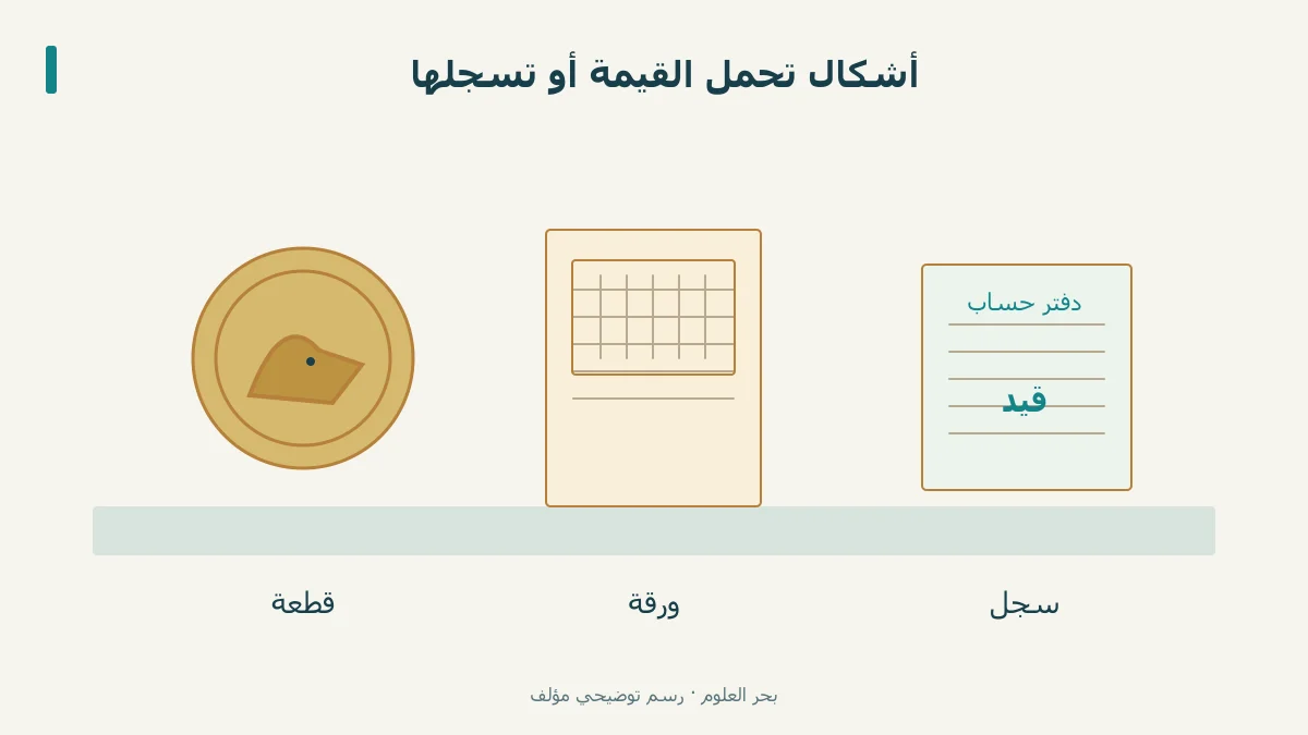 قطعة وورقة وقيد حساب في ثلاثة أشكال تعليمية