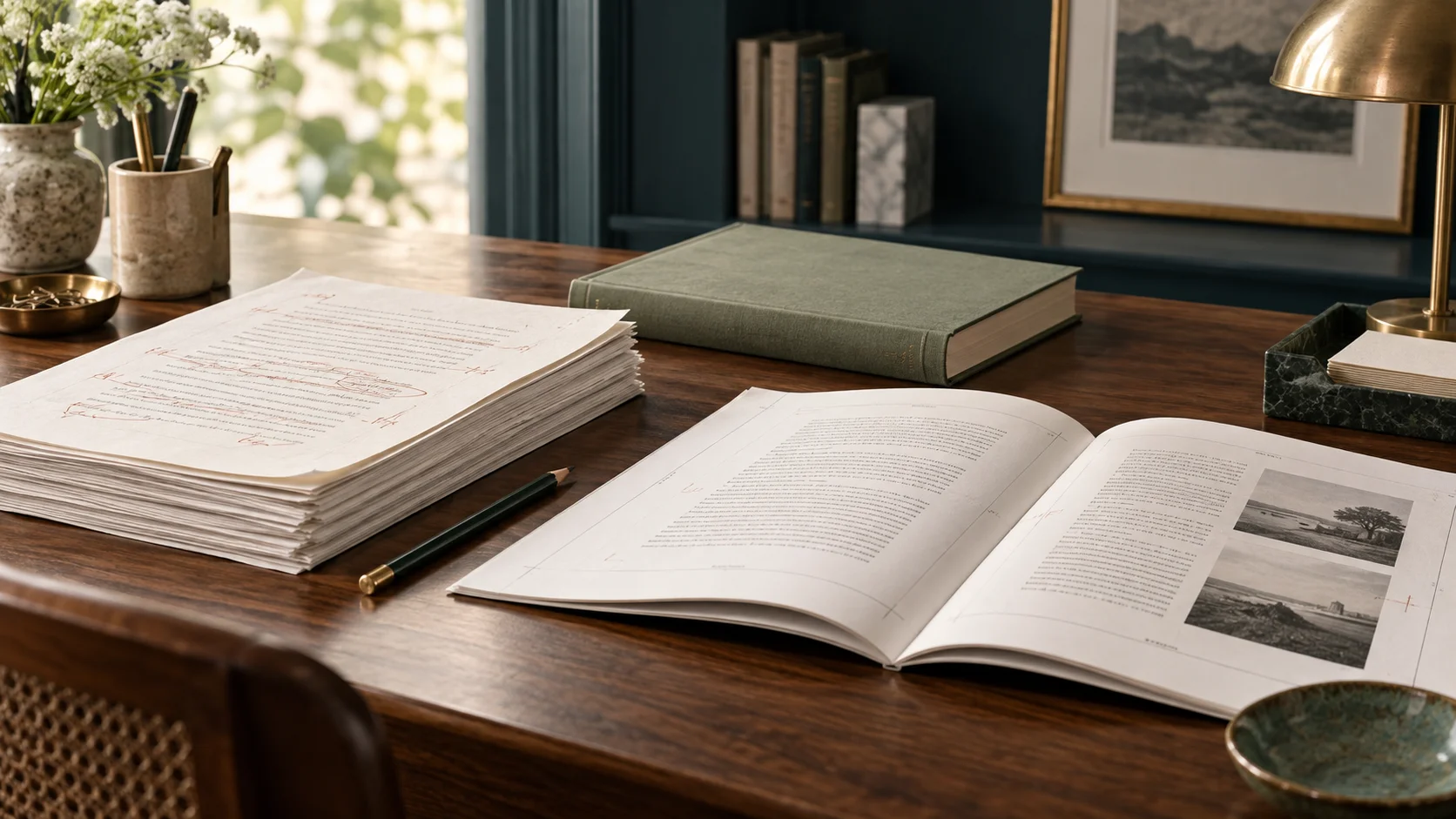 مخطوط وبروفة وكتاب على مكتب تحريري
