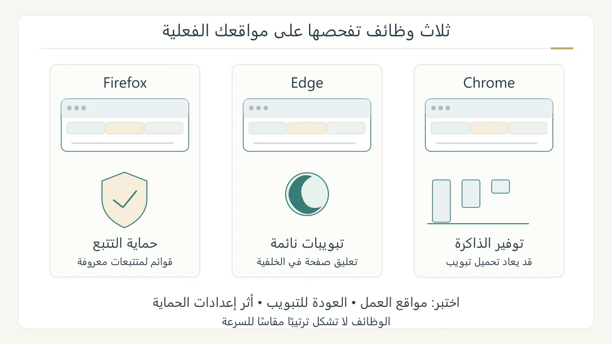 ثلاث نوافذ متصفح تعليمية أصلية تعرض التبويب النشط والذاكرة والتتبع، مع مصفوفة معايير اختيار دون ترتيب السرعة