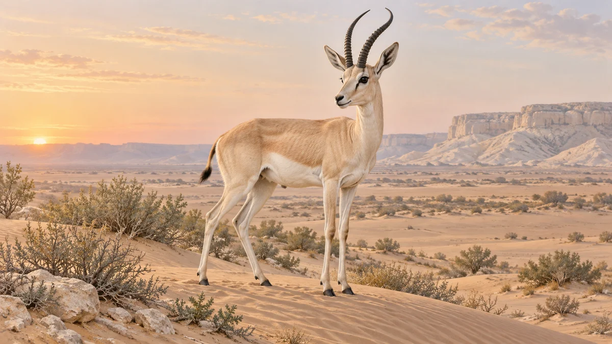 غزال رملي عربي ذكر بالغ فاتح اللون بقرنين منحنين وذيل قصير داكن الطرف في موطن صحراوي توضيحي