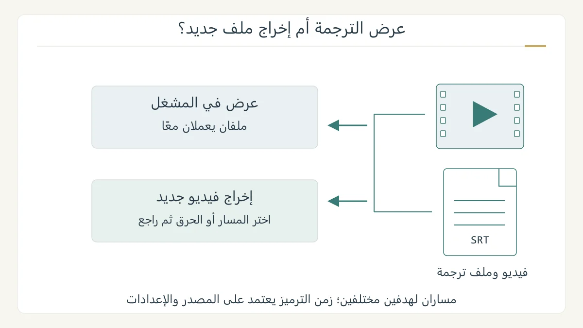 رسم أصلي لمسارين يبدأان بفيديو وملف SRT: عرضهما معًا في مشغل، أو استيراد الترجمة لإخراج فيديو جديد؛ مع بيان اختلاف الغرض والوقت