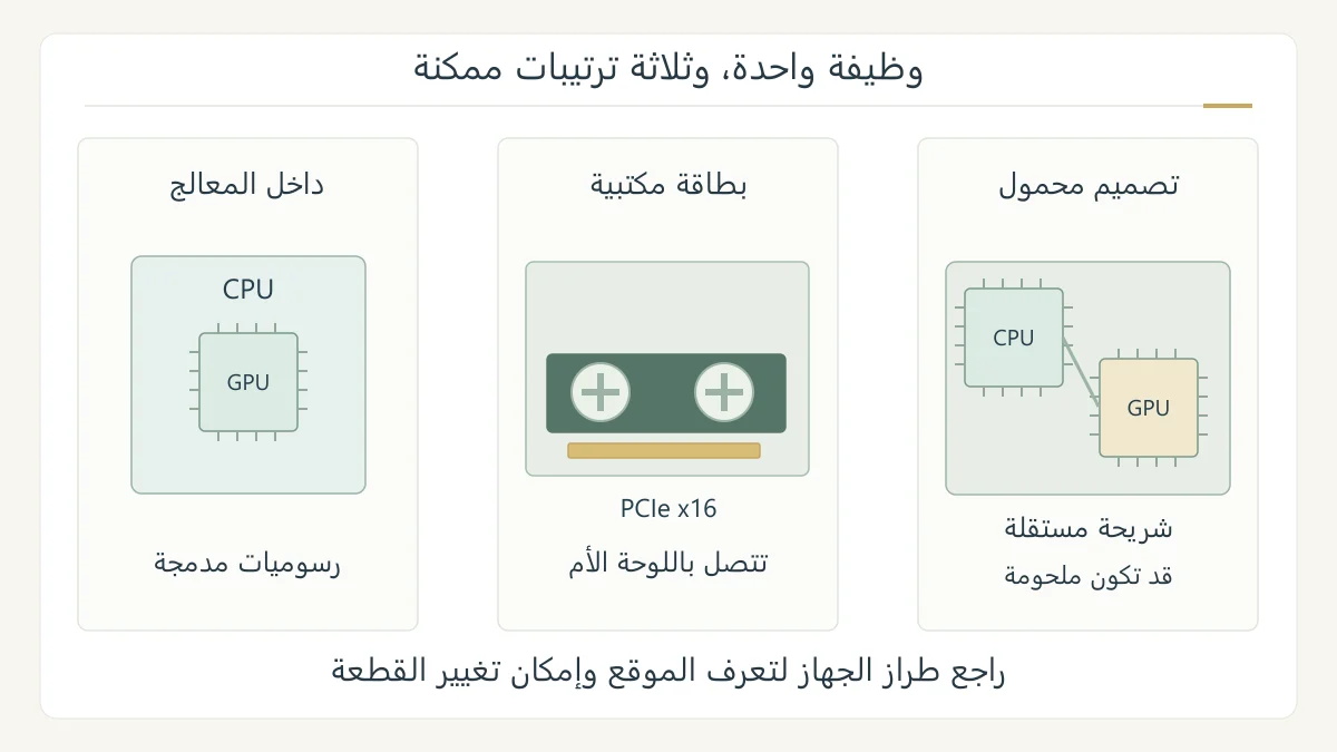 مقارنة مرسومة بثلاثة ترتيبات للرسوميات: GPU داخل المعالج، وبطاقة مكتبية في PCIe، وشريحة منفصلة على لوحة حاسوب محمول