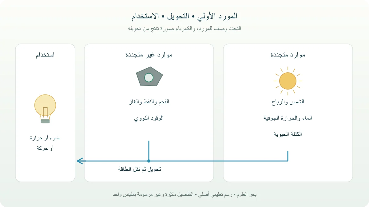 رسم يربط مصادر أولية متجددة وغير متجددة بمرحلة التحويل ثم الاستخدام