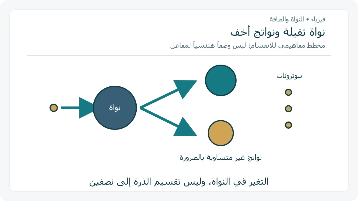 نيوترون يتجه نحو رمز نواة ثقيلة تتفرع إلى نواتين أخف مختلفتي الحجم ونيوترونات، في رسم مفاهيمي غير مضبوط المقياس