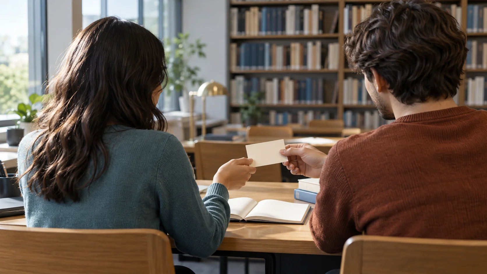 شخصان يتبادلان بطاقة ورقية على مكتب مكتبة