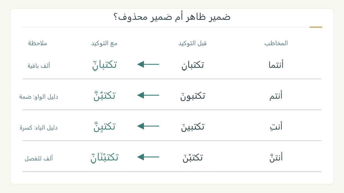 أربع نهايات مؤلفة للفعل يكتب مع التوكيد وضمائر المثنى والجماعة والمخاطبة والنسوة