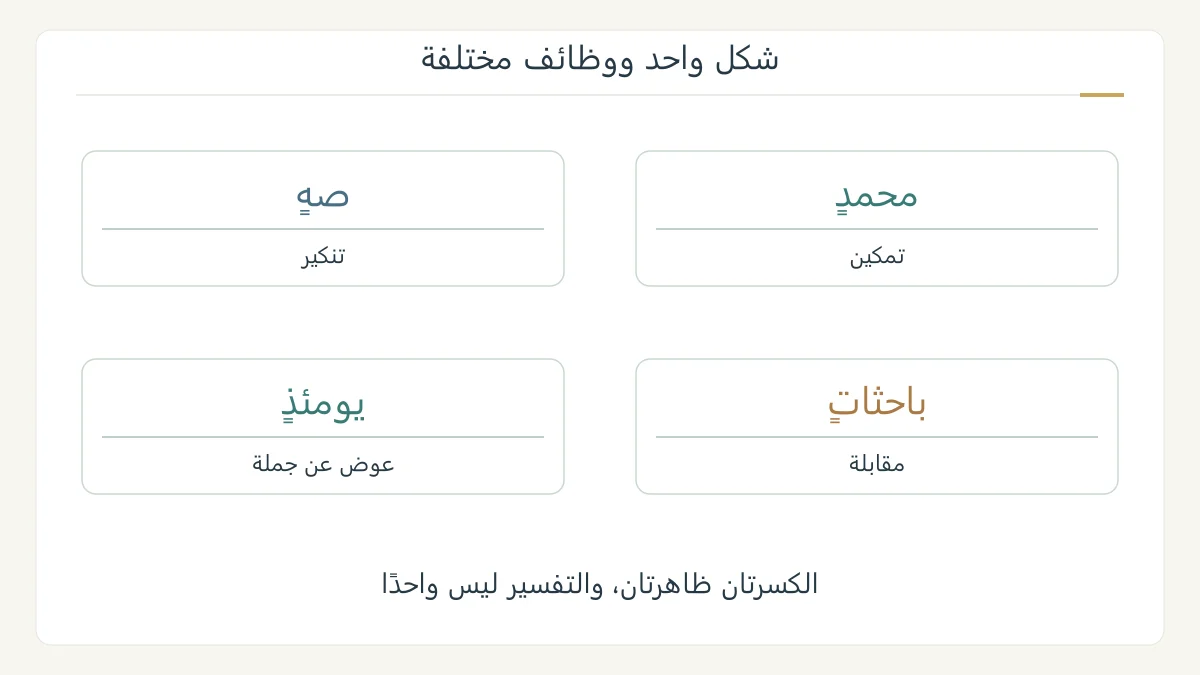 مقارنة أربعة أمثلة للتنوين مع تسمية وظيفته لا الاكتفاء بشكل الكسرتين