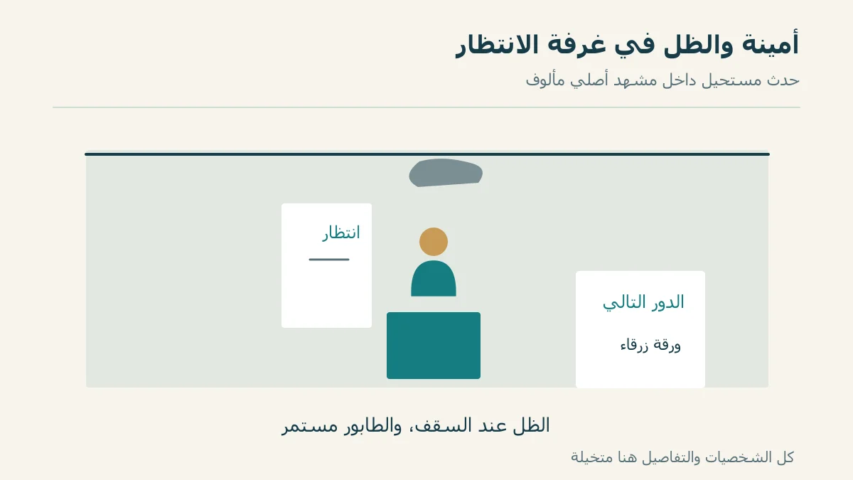 أمينة تنتظر دورها وظلها عند سقف الغرفة في المشهد المتخيل