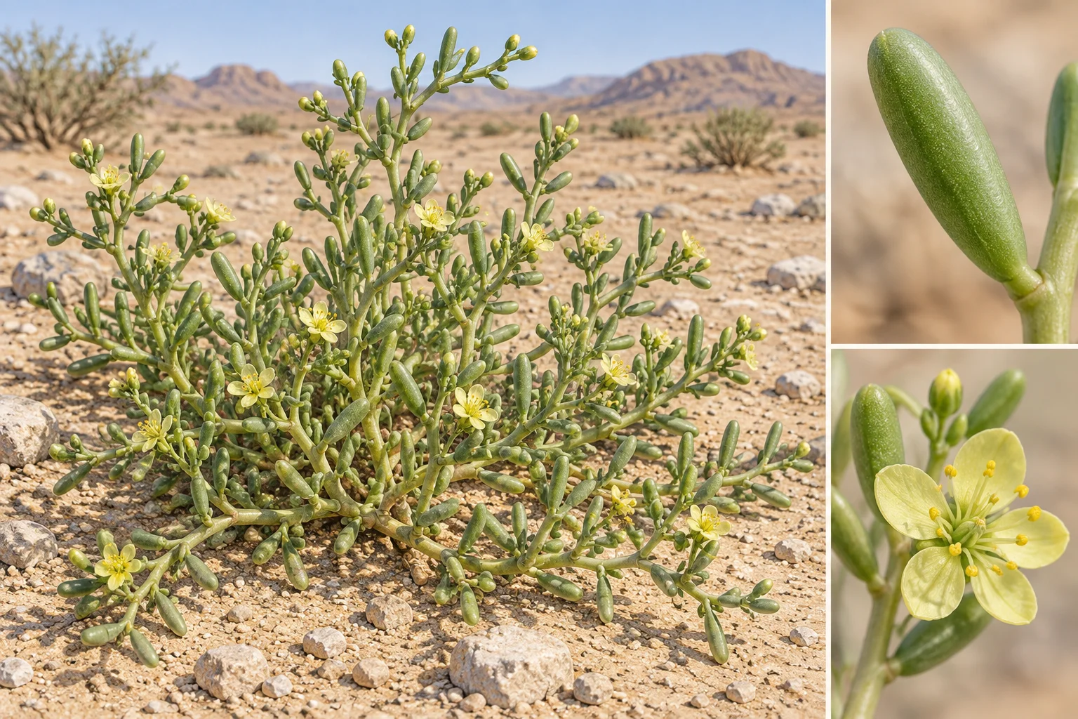 نموذج توضيحي لنبات Zygophyllum simplex بأوراق أسطوانية وأزهار صفراء