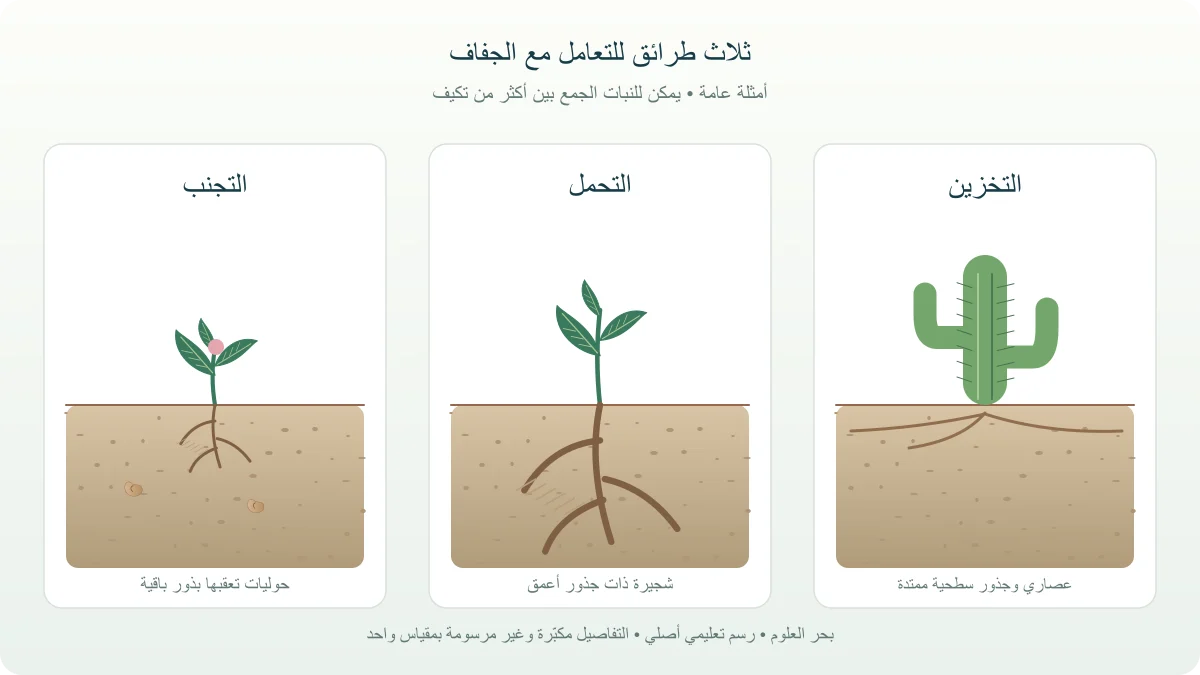 مقاطع مقارنة لجذور صبار سطحية منتشرة وشجيرة ذات جذور أعمق وحولي صحراوي بعد المطر
