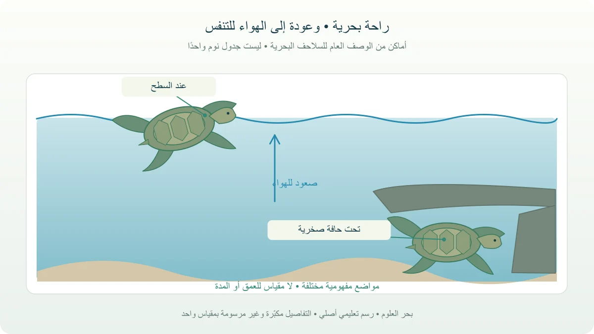 مقطع بحري يوضح أماكن راحة سلحفاة بحرية عند السطح وتحت حافة صخرية مع اتصال التنفس بالهواء