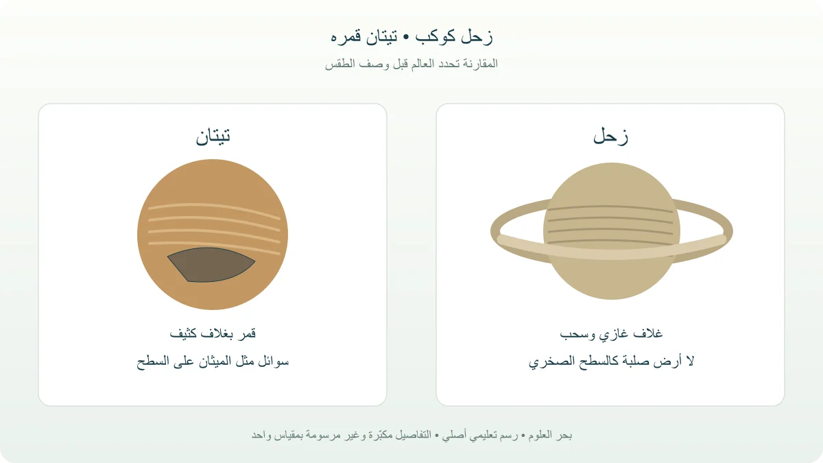 مقارنة بين زحل ذي الغلاف الغازي وتيتان القمر ذي المطر والبحيرة