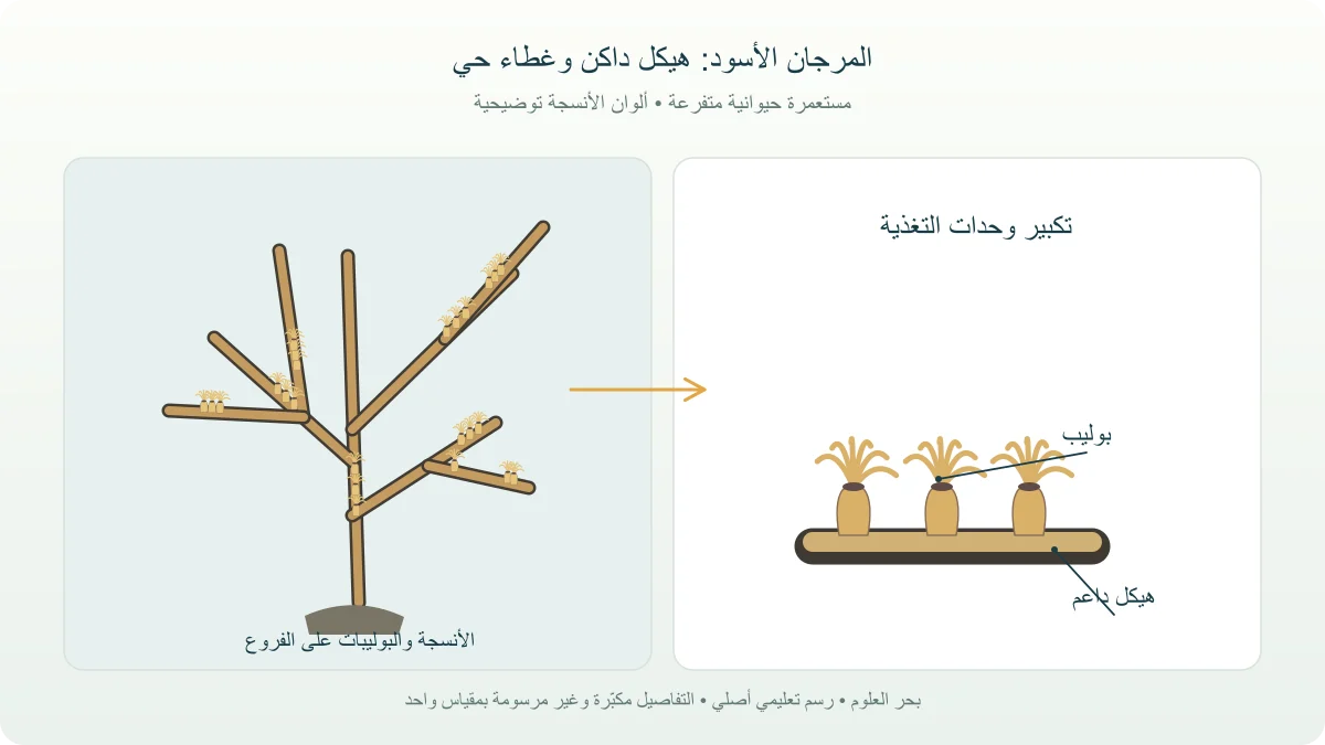 مستعمرة مرجان أسود متفرعة ونافذة مكبرة تميز الهيكل الداكن من الأنسجة والبوليبات