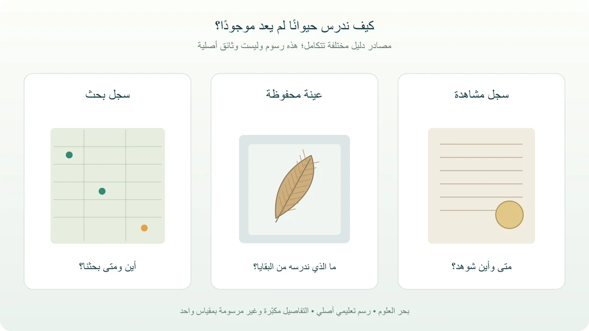 ثلاثة أنواع من الأدلة لدراسة الحيوان المنقرض: سجل مشاهدة وعينة متحفية وسجل بحث، في رسم تعليمي أصلي