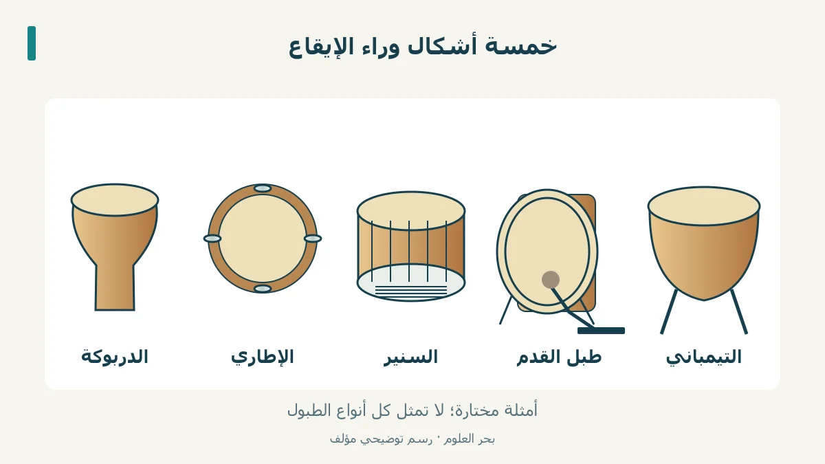 رسوم أصلية للدربوكة والإطاري والسنير وطبل القدم والتيمباني.