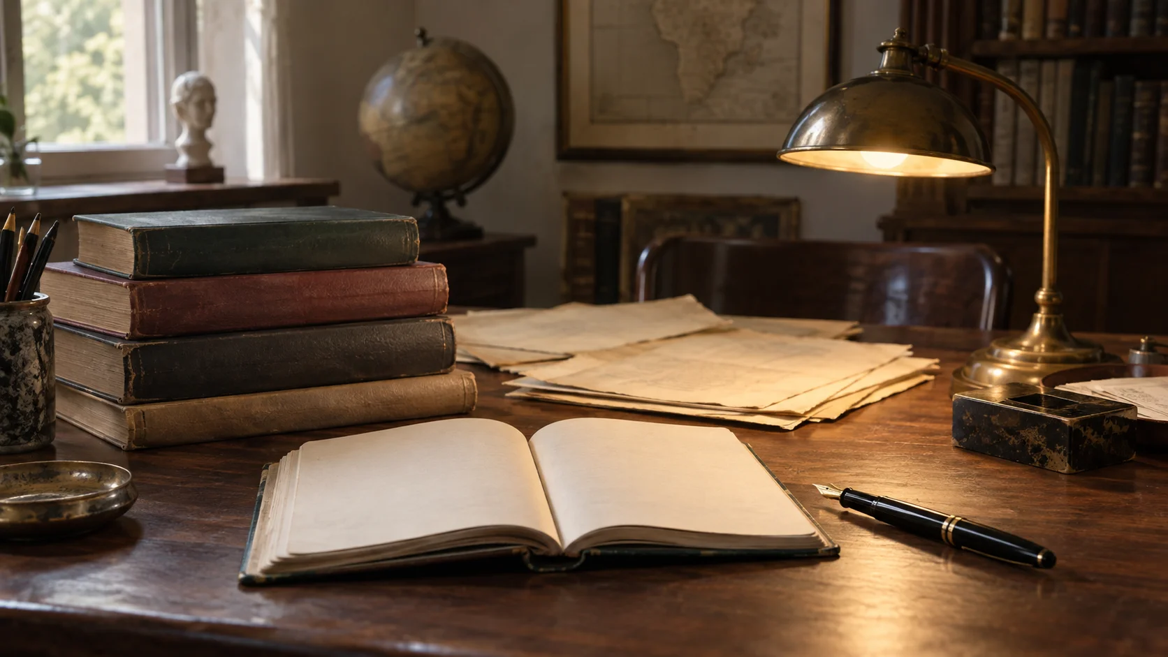مشهد مكتب دراسي متخيل بكتب وورق وقلم حبر