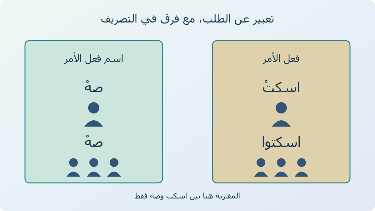 رسم لقارئ في مكتبة يواجه فقاعتي طلب: اسكتْ واسكتوا في جانب الأفعال، وصهْ للمفرد والجماعة في جانب اسم الفعل