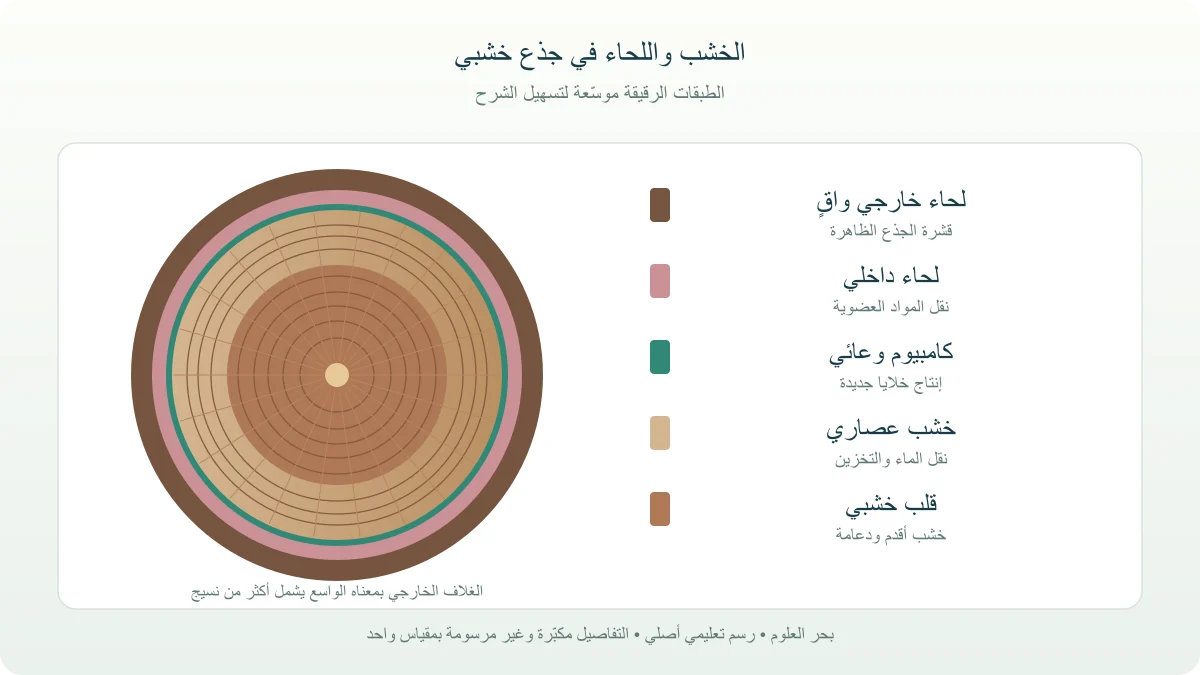 طبقات جذع خشبي من اللحاء الخارجي والداخلي إلى الكامبيوم والخشب العصاري والقلب