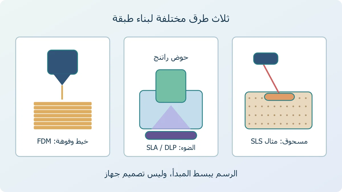 رسم يبين فوهة تبثق خيطًا، وحوض راتنج يتصلب بالضوء، وطبقة مسحوق تتلاحم منها منطقة بالليزر