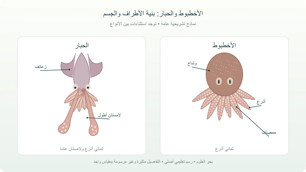 مقارنة تشريحية مرسومة بين أخطبوط بوشاح مستدير وحبار بوشاح طويل وزعانف ولوامس