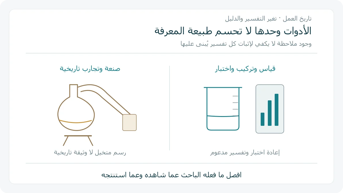 رسم أصلي لقارورة تقطير تاريخية متخيلة بجانب أدوات قياس وعينة حديثة، يفصل اختلاف تفسير التجربة عن وجود العمل المختبري عبر التاريخ