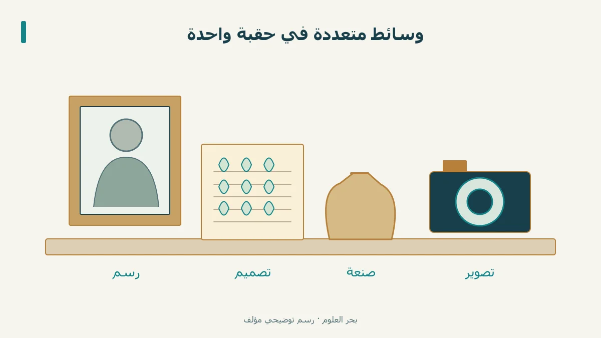 مشهد مؤلف يجمع إطار رسم وورق زخرفة وإناء وعدسة تصوير