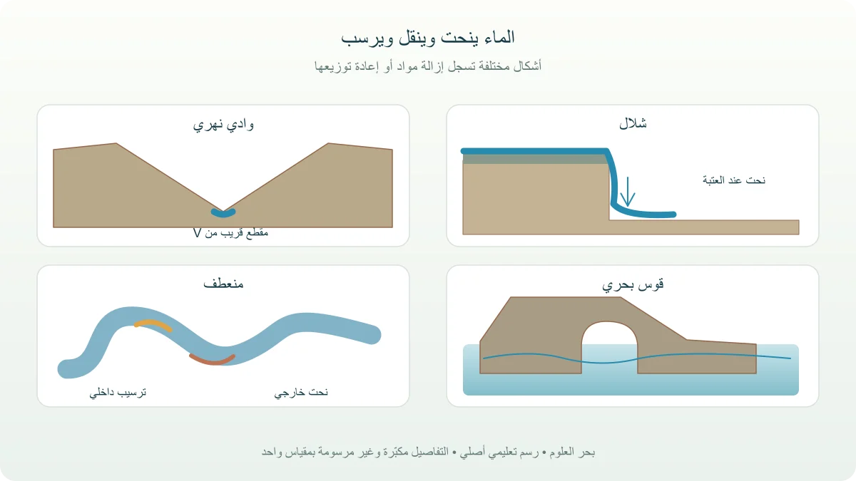 مقارنة أصلية لأودية نهرية وشلال ومنعطف مع مناطق نحت وترسيب وكهف ساحلي