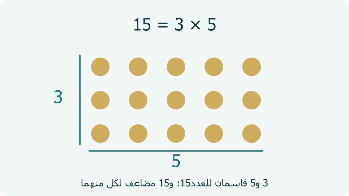 خمس عشرة نقطة مرتبة في ثلاثة صفوف وخمسة أعمدة توضح3×5=15 وأن3 و5 قاسمان للعدد15