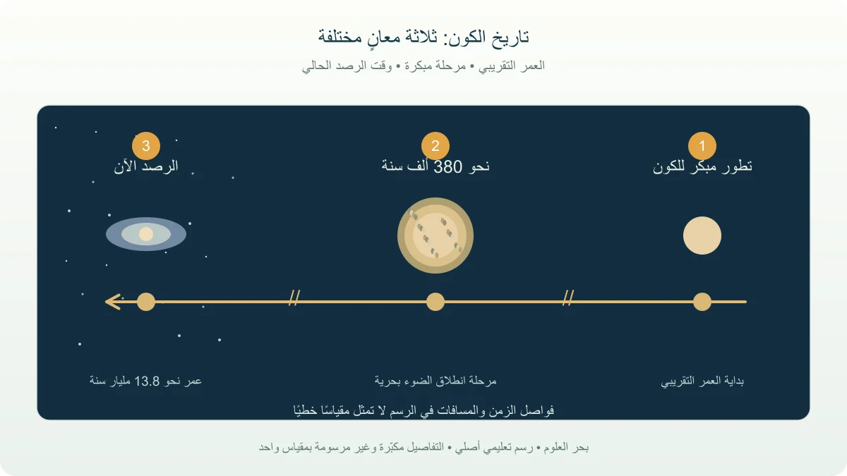 مخطط تاريخي يضع بداية تطور الكون ومرحلة الخلفية الميكروية والرصد الحالي في تسلسل غير خطي
