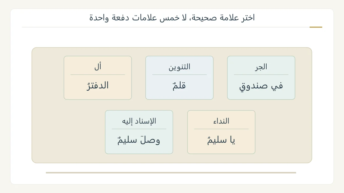 رسم أصلي لحقيبة بطاقات تعرض خمس علامات لفحص الأسماء مع أمثلة قلم والدفتر وسليم وصندوق