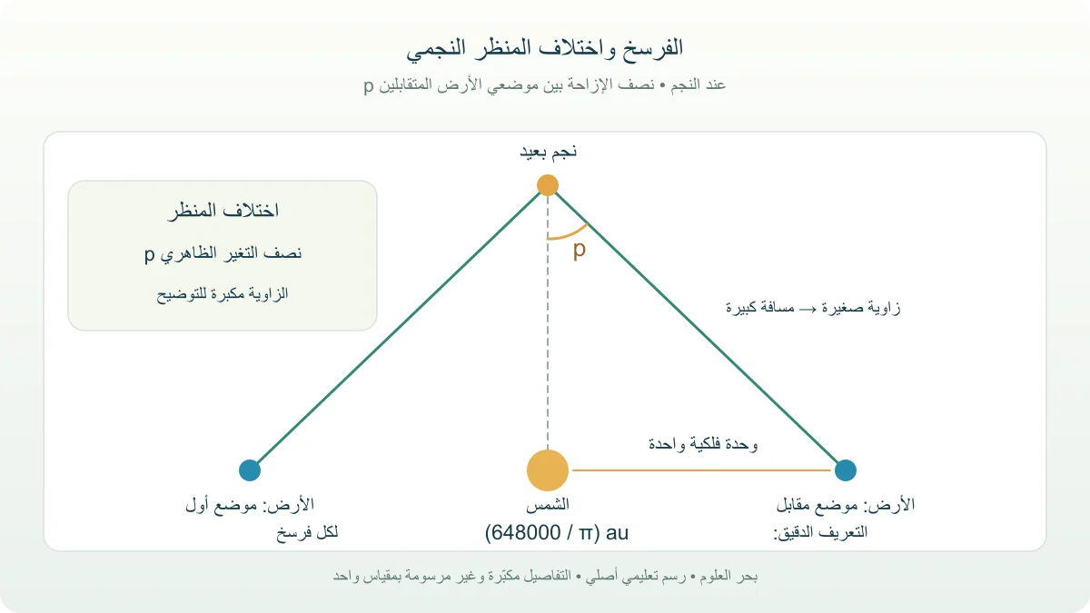 مثلث اختلاف منظر نجمي يضع الزاوية p عند النجم بين اتجاه الشمس وأحد موضعي الأرض ويبين قاعدة وحدة فلكية
