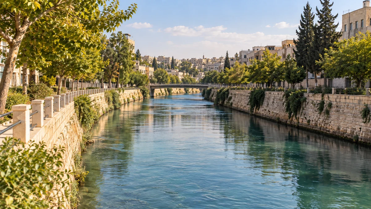 مشهد مولد لقناة ماء بين ضفاف حجرية وأشجار ومبان بعيدة مستوحى من بيئة حلب