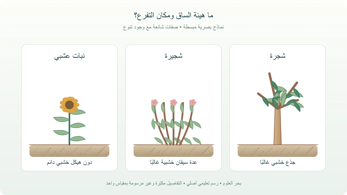 رسم نباتي أصلي لنموذج شجرة بجذع وشجيرة متعددة السيقان ونبات عشبي غير خشبي
