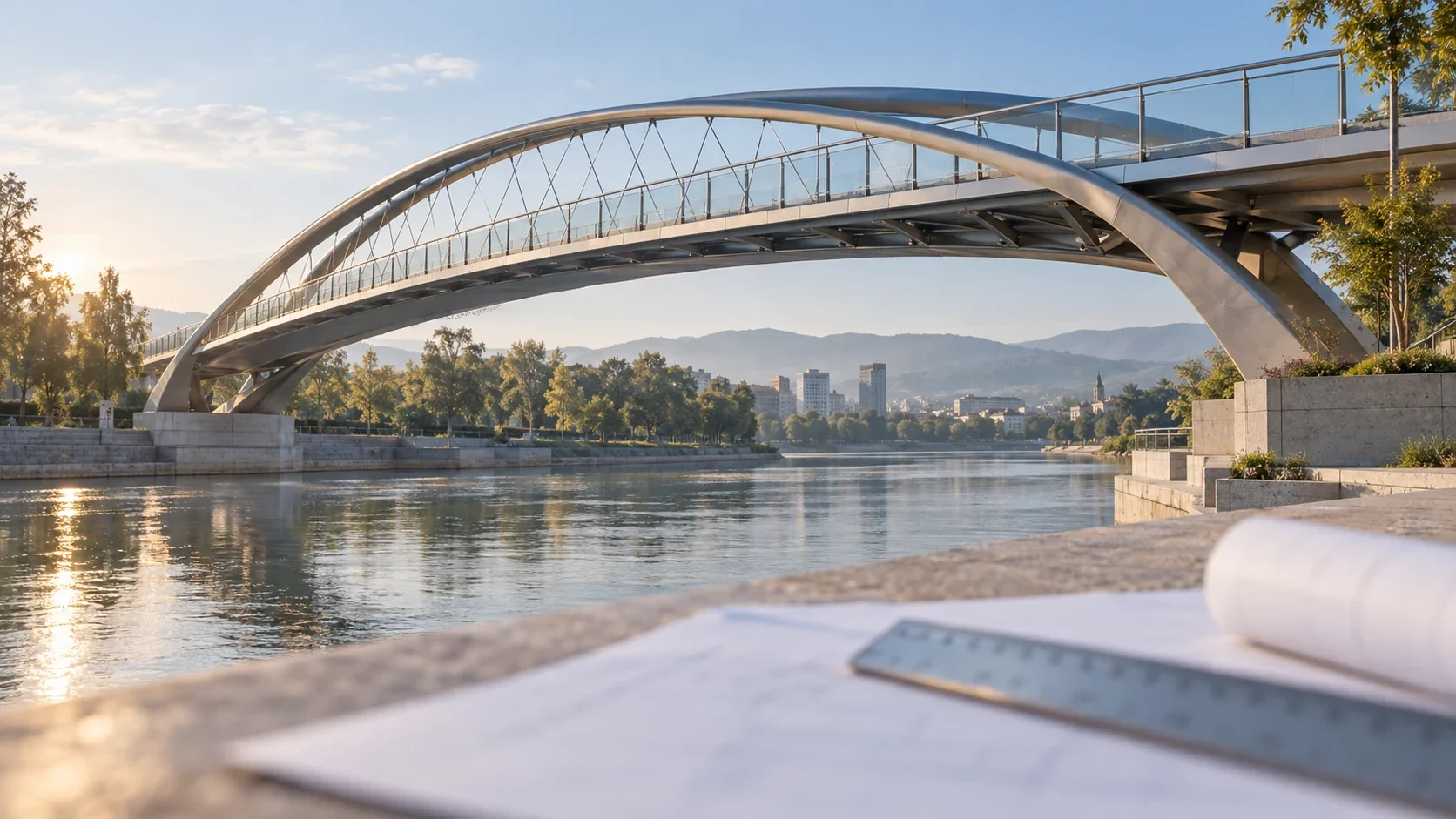 جسر منحني وأدوات رسم في تصور هندسي