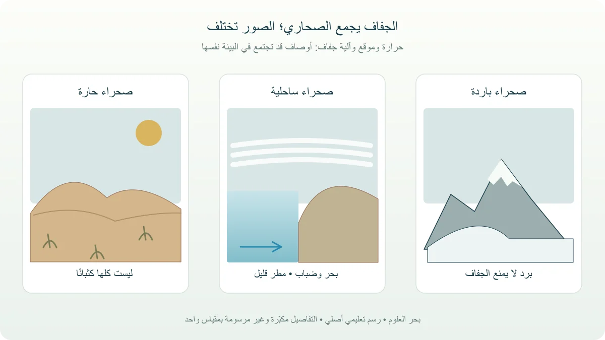 مقارنة علمية لبيئة صحراوية حارة وصحراء ساحلية وصحراء باردة مع بيان اختلاف معايير التصنيف