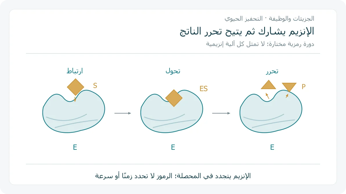 رسم أصلي لثلاث حالات في دورة إنزيمية مفاهيمية: ارتباط ركيزة بالموقع النشط ثم ظهور نواتج وتحررها مع بقاء الإنزيم في المحصلة
