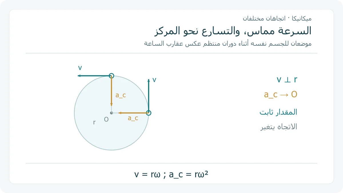 مسار دائري مع موضعين لجسم يدور عكس عقارب الساعة؛ سهم السرعة مماس في كل موضع وسهم التسارع باتجاه المركز، مع تمييز اللون والكمية