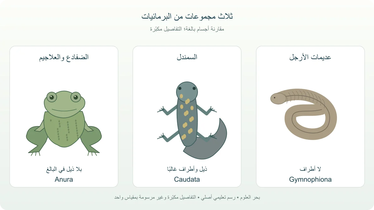 رسم تشريحي مقارن لضفدع بالغ وسمندل وسيسيليا عديمة الأرجل مع اختلاف وجود الذيل والأطراف